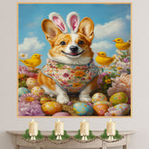 Easter Corgi Art, Cute Pet Portrait for Spring Home Decor, Holiday Gifts for Dog Lovers, Dog Wall Art on Canvas Wrap, Framed Print, or Rolled Artwork